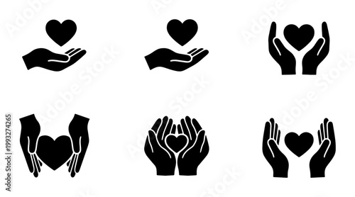 Charity and care icon set, black heart and hands vector collection, 6 donation and kindness symbols for non-profit organizations and healthcare