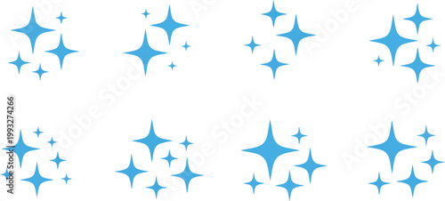 A collection of shiny blue sparkling star icons arranged in different clean patterns on a white background