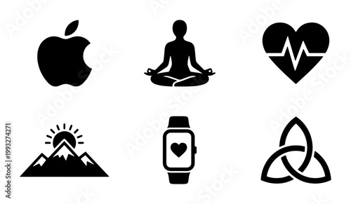 Minimalist health and wellness icon set, black silhouette lifestyle symbols, 6 vector elements for fitness and mindfulness apps