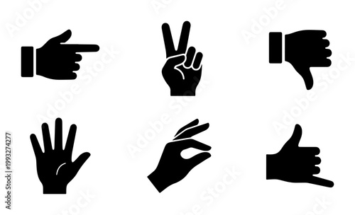 Black hand gestures icon set, 6 vector hand signs including peace and thumbs down, human hand communication symbols for web design