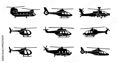Helicopter silhouette icon set, 9 military and civilian aircraft vector illustrations, black chopper transport symbols for aviation infographics