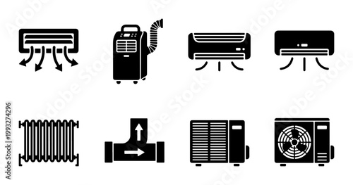 HVAC system icons set, air conditioning and heating equipment symbols, 8 black solid vector elements for climate control and ventilation service