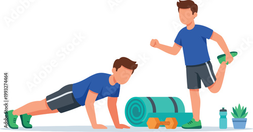 Men Exercising Push-up and Quad Stretch with Fitness Gear