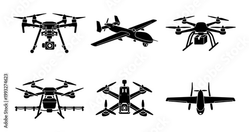 Unmanned aerial vehicle drone silhouettes, 6 vector icons of military and commercial aircraft, industrial quadcopter and fixed-wing uav set