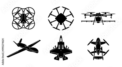 Unmanned aerial vehicle silhouettes, set of 6 drone icons and military aircraft vectors, black quadcopter and surveillance uav graphics
