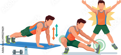 Man Doing Fitness Exercises Push-up Stretching and Jumping Jacks