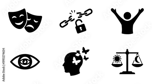 Mental health icons set, psychology and emotional well-being symbols, 6 black vector illustrations for therapy and counseling apps