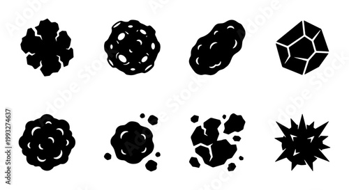 Black asteroid icons set, 8 space rock silhouettes and meteorites, celestial debris and cosmic stone vector elements for gaming and science