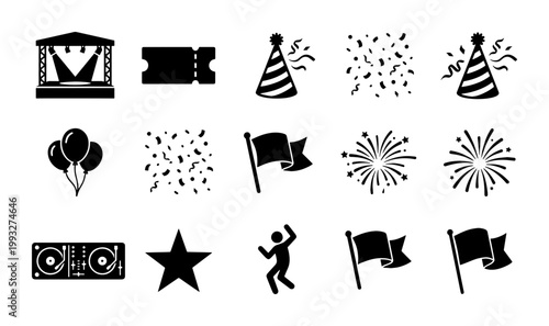 Festival and party event icons set, 15 black silhouette celebration symbols, concert stage and fireworks vector elements for entertainment design