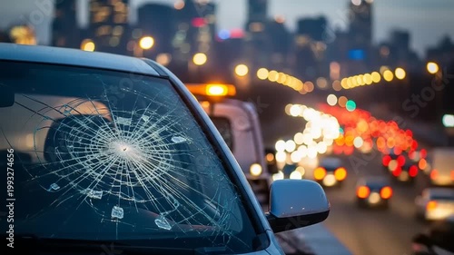 Broken Car Windshield During Evening Traffic on City Road.