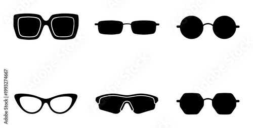 Minimalist black sunglasses icons set, 6 modern eyewear vector silhouettes, stylish sun glasses frames for summer fashion and optical retail design