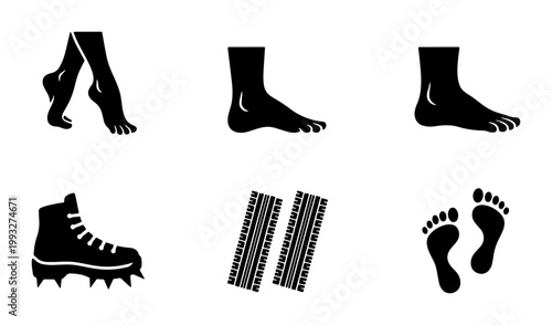 Human foot and footprint icon set, black silhouette walking feet and hiking boot vector, tire track and barefoot sole symbols for navigation