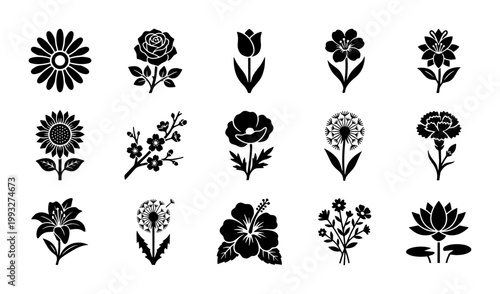 Minimalist black flower icons set, 15 floral vector silhouettes, botanical garden plant symbols for logo design and wedding invitations