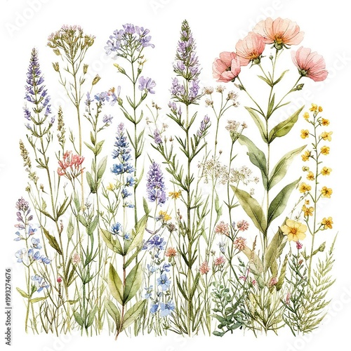 Watercolor wildflower meadow illustration isolated on white background, delicate floral set with herbs and garden flowers, vintage botanical art.