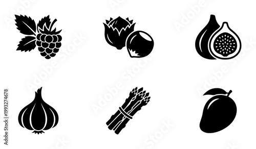 Minimalist black fruit and vegetable icons, set of 6 flat vector glyphs, organic food symbols including raspberry, hazelnut, fig, garlic, asparagus, and mango