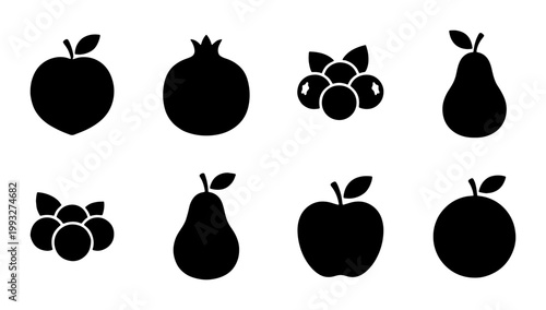 Minimalist fruit icon set, black silhouette food symbols, collection of 8 organic fruit vector graphics for grocery and menu design