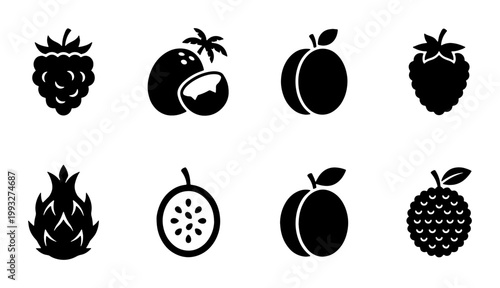 Minimalist fruit icon set, black solid vector silhouettes of tropical and garden fruits, 8 flat graphic elements for food packaging and menu design