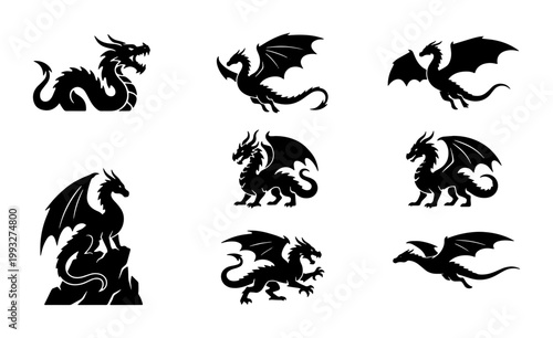 Mythical dragon silhouette collection, 8 black fantasy creature icons, medieval beast vector set for gaming logos and heraldry designs