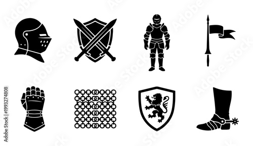 Medieval knight armor icons set, black silhouette warrior equipment, 8 vector elements featuring helmet, swords, shield, and chainmail