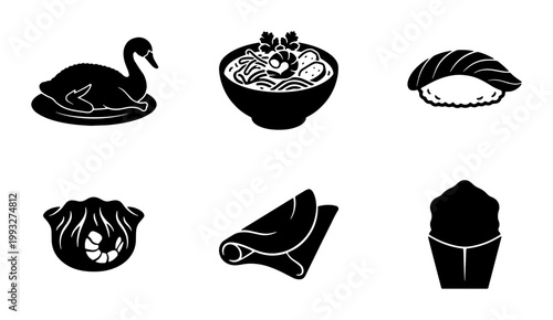 Asian cuisine food icons set, black silhouette vector illustrations of sushi, ramen, dumplings and roasted duck, 6 restaurant menu graphic elements