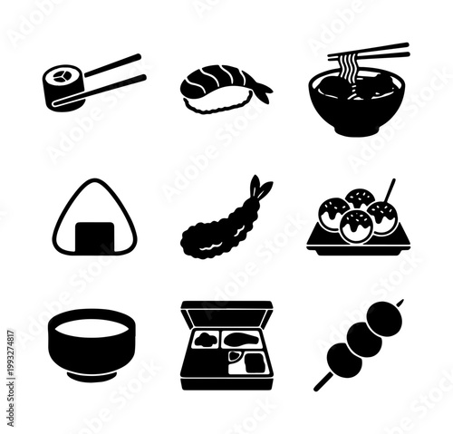 Japanese food icon set, black silhouette sushi and ramen vector elements, collection of 9 traditional asian cuisine symbols for restaurant menus