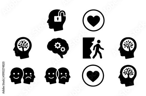 Mental health icons set, psychology and emotional intelligence symbols, brain and human head vector graphics for therapy and wellness apps