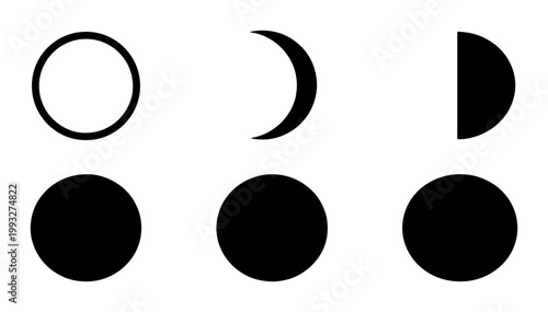 Minimalist moon phases vector set, black lunar cycle icons on white background, astronomical celestial symbols for calendar and astrology design