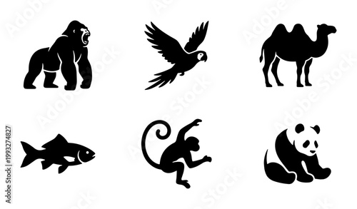 Black animal silhouettes set of 6 vector icons, wild wildlife fauna collection featuring gorilla, parrot, camel, fish, monkey and panda