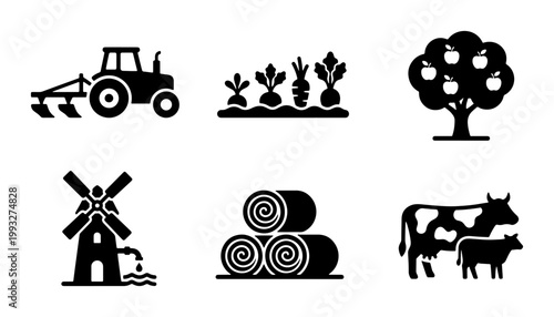 Agriculture and farming icon set, black silhouette farm symbols including tractor and windmill, organic food production vector elements