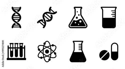 Science and laboratory icon set with 8 vector elements, black chemistry lab symbols including DNA helix, atom, test tubes, and medical pills