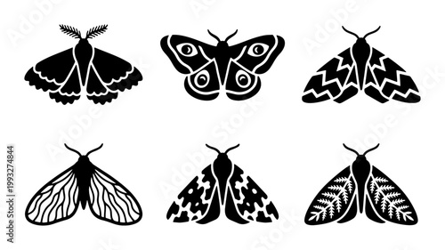 Black moth silhouettes set, 6 butterfly and moth vector icons, mystical insect collection with decorative wing patterns, dark nature graphic elements