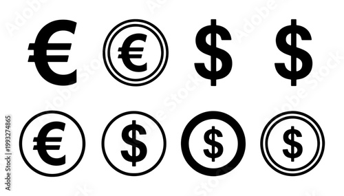 Currency symbol icon set with dollar and euro signs, black minimalist money vector graphics, financial exchange and banking web elements