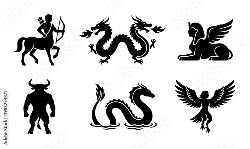 Mythological creatures silhouette icons, set of 6 ancient fantasy monsters, black vector centaur dragon sphinx minotaur sea serpent and harpy