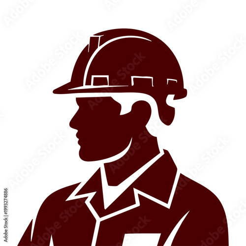 Construction worker profile icon in hard hat, Male engineer silhouette wearing safety helmet, Industrial worker vector illustration in profile, Service professional wearing hardhat safety gear