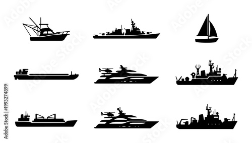 Nautical ship silhouettes set, black maritime vessel icons, collection of 9 boat vector elements, commercial cargo and luxury yacht transport graphics
