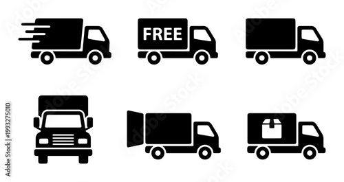 Delivery truck icon set, 6 black shipping van vector silhouettes, fast free delivery service symbols, commercial transport and logistics graphics