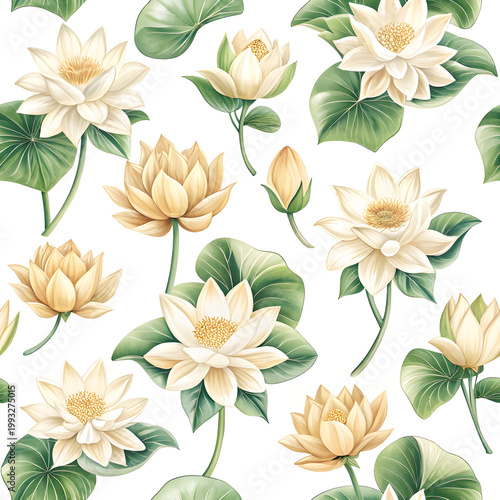 A seamless pattern with pichwai style lotus arranged in a tile-style repeat on a turquoise background. It can be used for printing on various surfaces like textiles and paper or digital work as well. 