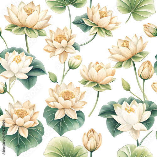 A seamless pattern with pichwai style lotus arranged in a tile-style repeat on a turquoise background. It can be used for printing on various surfaces like textiles and paper or digital work as well. 