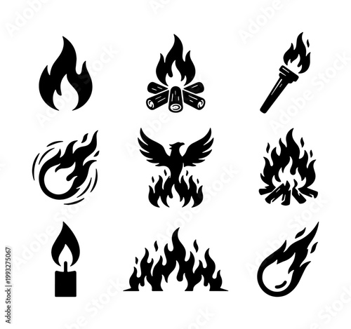 Black fire icons and flame silhouettes, set of 9 vector symbols including campfire, torch, phoenix, and candle, minimalist burning heat graphic elements