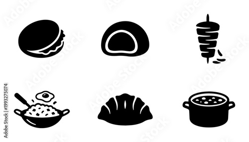 Minimalist food icons set, black solid vector silhouettes of international cuisine, 6 restaurant menu symbols including kebab and dumpling