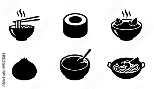 Minimalist Asian food icon set, black and white Japanese cuisine vector illustrations, 6 sushi and ramen bowl symbols for restaurant menus