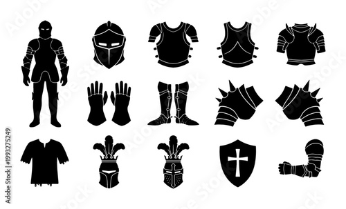 Medieval knight armor silhouette icons, 14 black warrior equipment elements, historical steel suit of armor vector set for gaming and heraldry