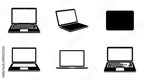 Minimalist laptop icon set, black and white computer vector silhouettes, portable notebook device collection for web design and UI interfaces