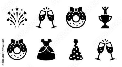 Celebration party icon set with 8 black vector elements, festive holiday symbols including champagne glasses, fireworks, trophy, and party hat
