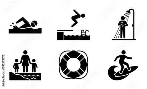 Swimming pool and beach activities icon set, black silhouette water sports symbols, 6 vector elements for summer vacation and aquatic recreation