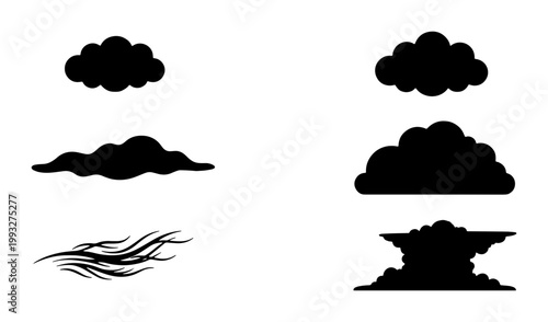 Black cloud silhouettes set, minimalist weather icon collection, 6 vector cloud shapes and wind symbols for graphic design and meteorology