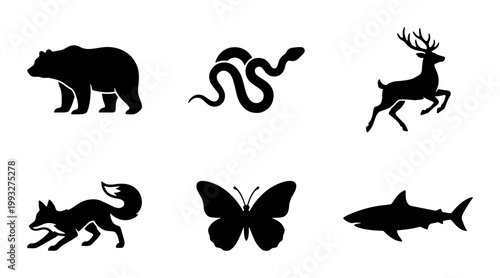 Wild animal silhouette icons set, black minimalist fauna vector graphics, 6 nature wildlife symbols including bear, deer, fox, shark, snake, and butterfly