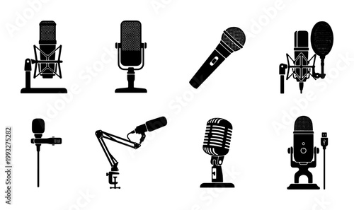 Professional microphone icons set, black silhouette studio mic collection for podcasting and recording, 8 vector audio equipment elements for music production