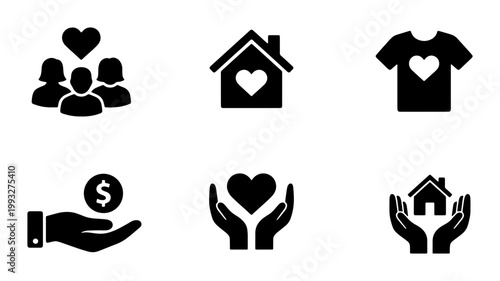 Charity and donation icon set, 6 black solid vector symbols for non-profit organizations, community support and humanitarian aid graphics