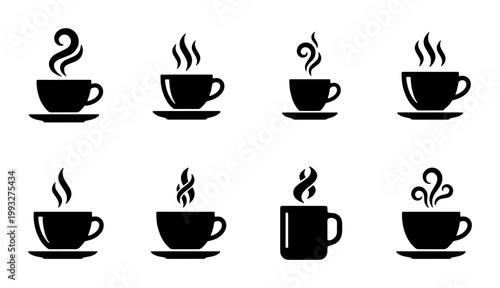 Minimalist coffee cup icons set, black steam mug vector collection, 8 hot beverage symbols for cafe menu design and restaurant branding